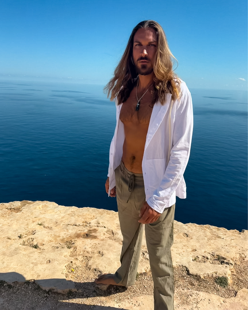 Gruene stylische Boho Leinen Hose mit elastischem Bund 