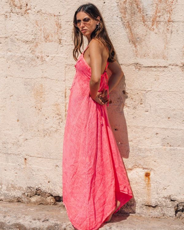 Boho-Chic rosa Maxikleid aus leichtem Leinen-Stoff