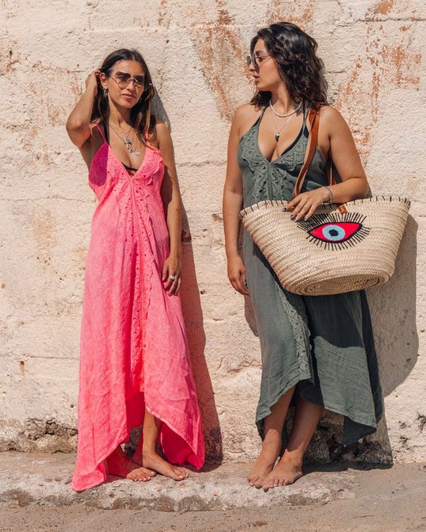 Elegantes rosa Kleid mit Trägern zum Binden am Nacken - Boho Damen Sommerkleider aus 100% Leinen 
