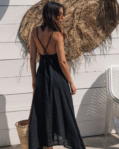 schwarzes rückenfreies Damen Sommerkleid aus Leinen 