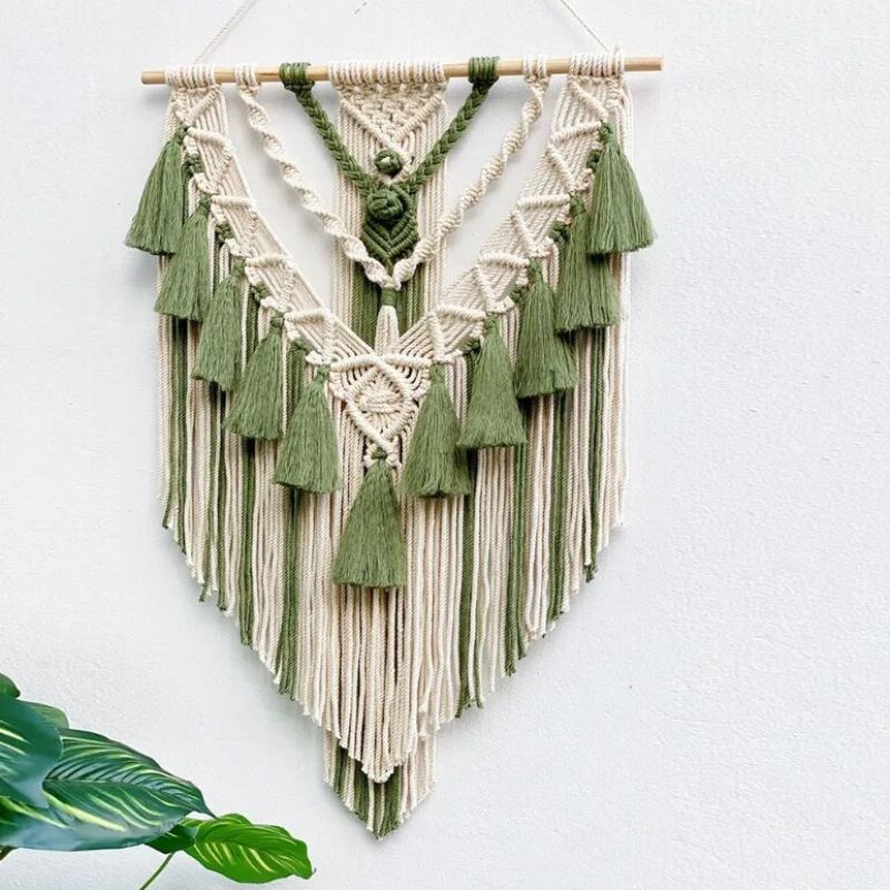 Grün beige Wandbehang mit Baumwolle Fäden - Wohnaccessoire Boho Style für dein Zuhause 