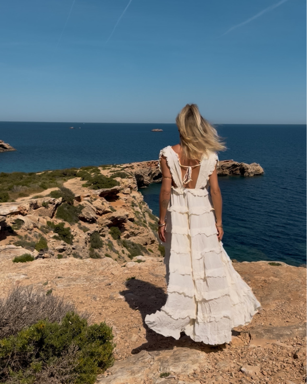 bohemian maxi dress white tiered ruffle beach look