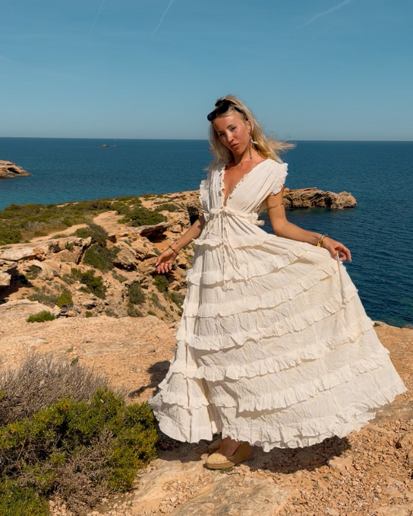 flowy maxi dress white summer boho style | Ibiza Chic creme-weisses Boho Kleid