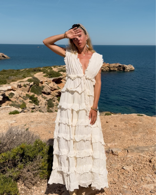 elegantes maxi kleid weiss boho ibiza look | Ruffle Kleid mit süssen Details