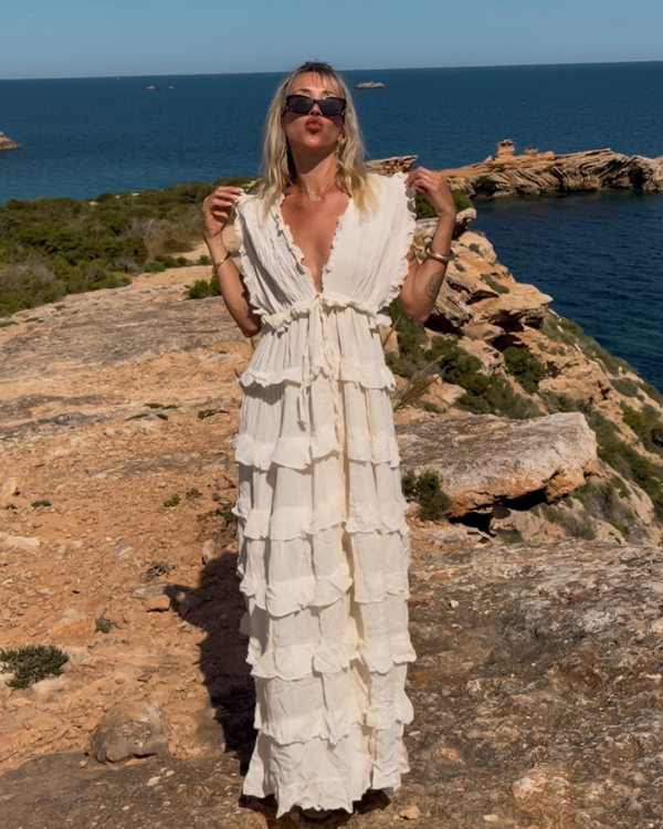 Boho Chic Maxikleid mit Ruffle Effekt | Creme-weisses langes Kleid 