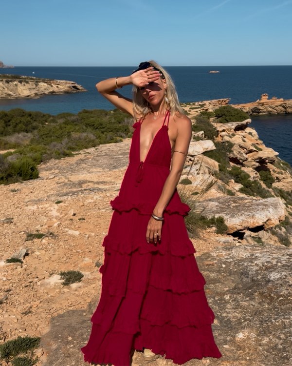 rotes boho ibiza kleid mit ruffel effekt