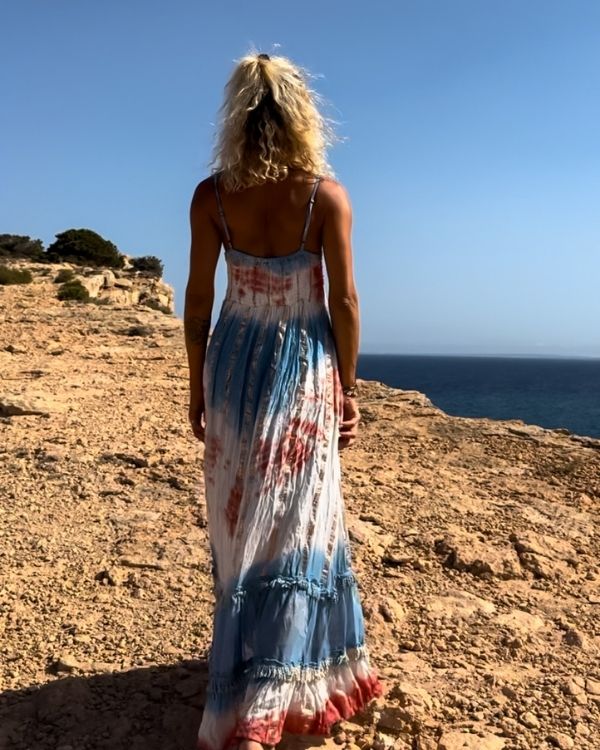 langes Boho Sommerkleid mit Ruffle und Crochet Details 