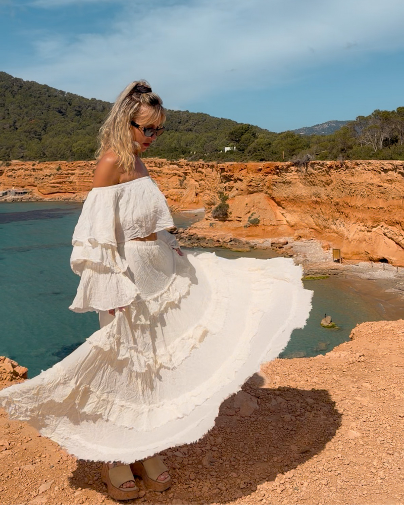 boho ruffle maxi rock damen weiss ibiza style