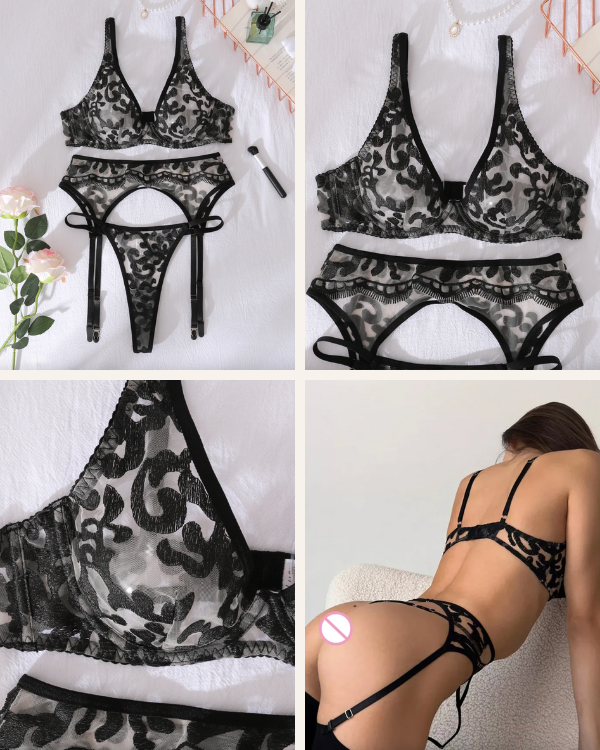 Erotisches Damen Dessous Set aus schwarzem Mesh toff 