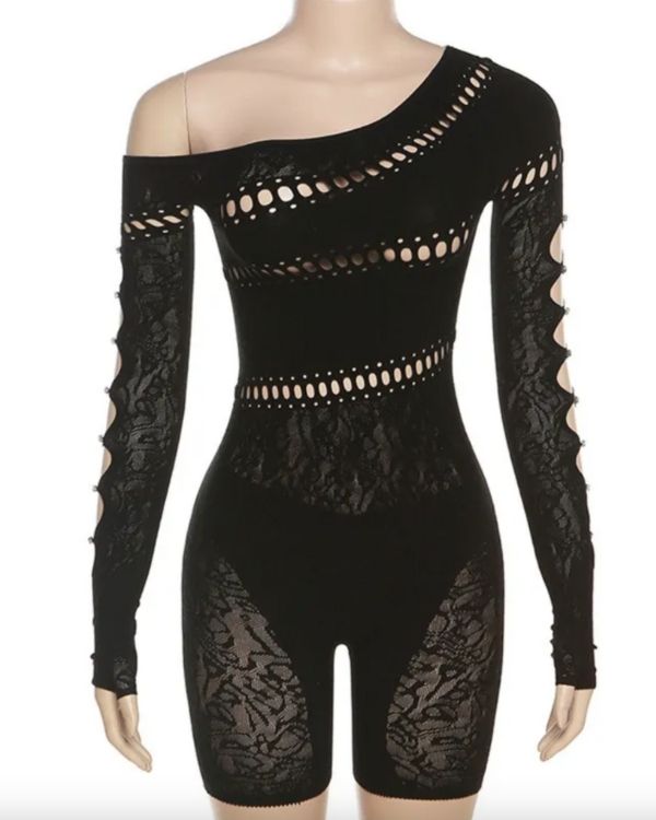 Schwarzer Mesh Einteiler mit Cut-Outs und Kristallen an den Ärmeln 