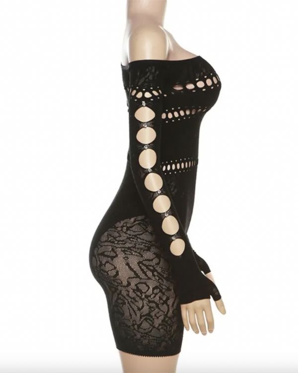 schwarzer Mesh Overall Einteiler - Erotischer Jumpsuit mit Cut-Outs und Mesh Stoff