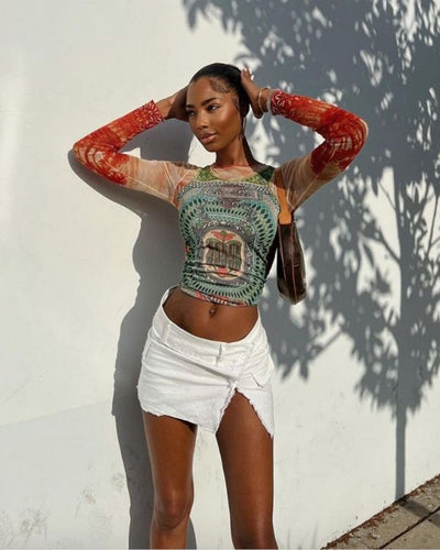 Damen Mesh-Shirt mit auffälligem 100$-Schein in der Mitte