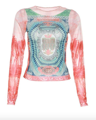Frontansicht des langärmeligen Mesh-Shirts für Damen.