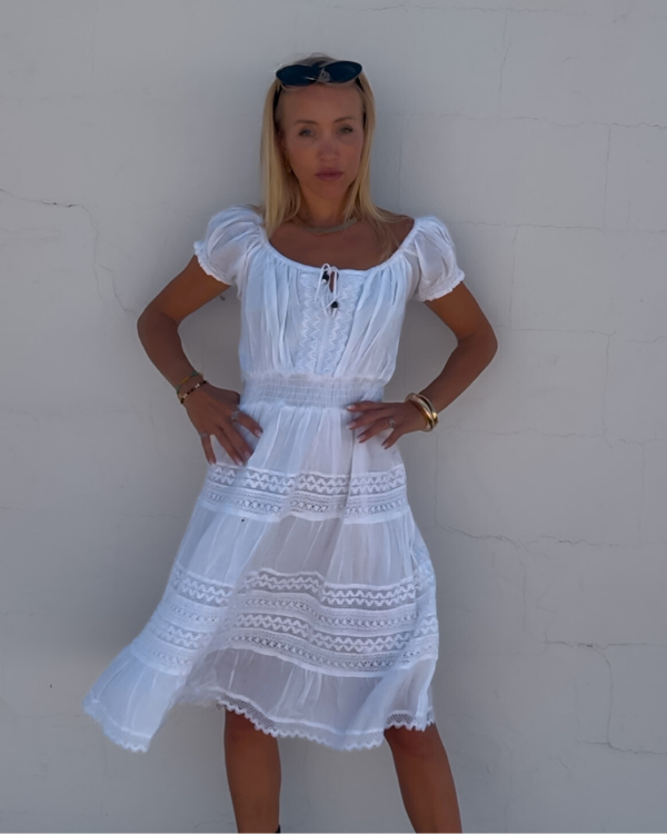 Hochwertiges weisses Baumwolle Damen Kleid - Midi-Kleid Sommer 