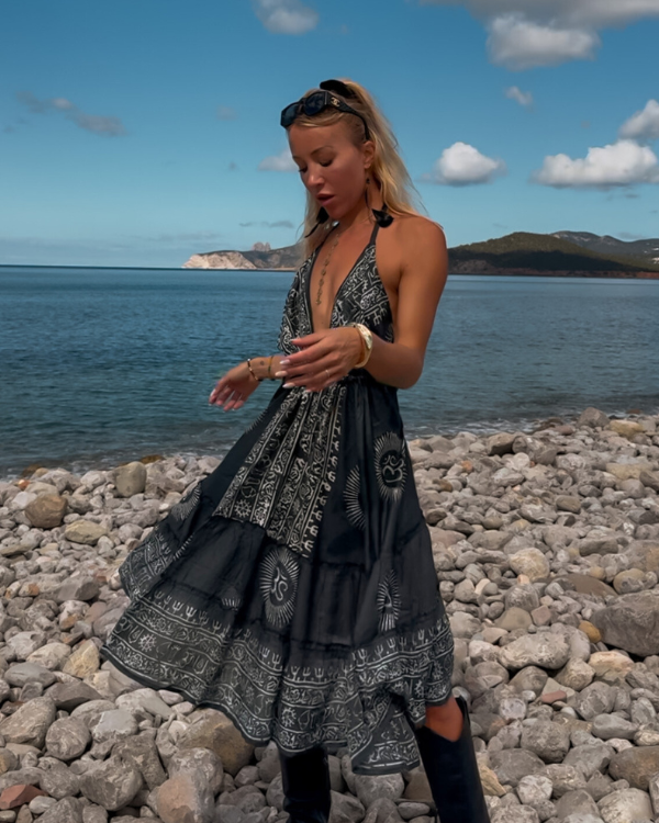 Schwarzes Midi Kleid Damen Om Print - Damen Boho Midi Kleid 