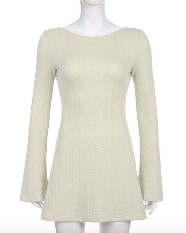 Herbst Damen Midi-Kleid in creme-weiss mit offenem Rücken 