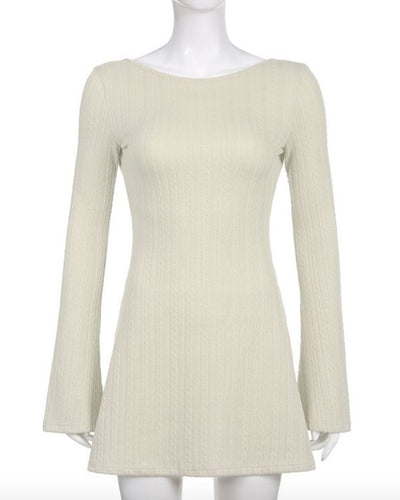 Herbst Damen Midi-Kleid in creme-weiss mit offenem Rücken 