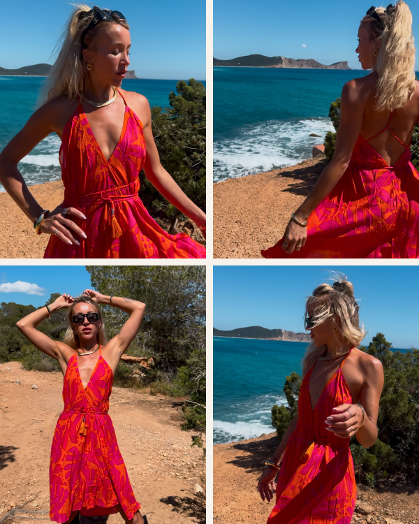 Knielanges Kleid mit verstellbarem Gürtel - Leichtes Ibiza-Kleid in Orange und Pink
