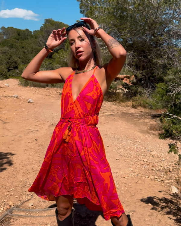 Boho Festival Kleid Saffron Sunset Damen - Blumen Kleid orange - pink