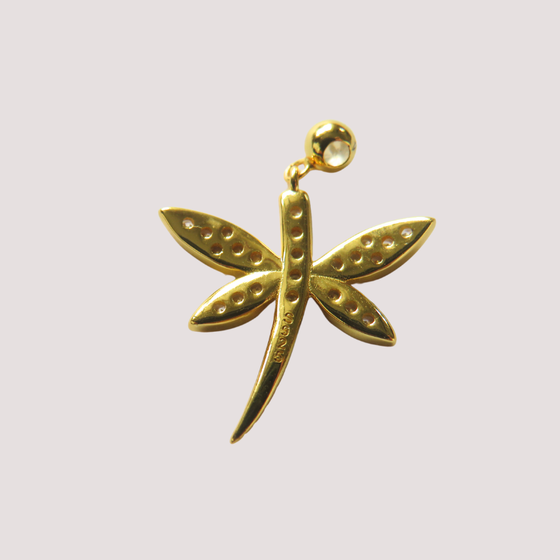 Goldener Libelle Anhänger für die Halskette - Sterling Silber 925 und Zirkonia Steine 