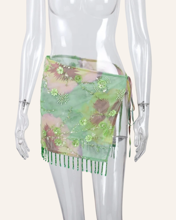 Wickelrock Pareo Tuch mit Blumen Floral Pailletten Glitzer Look Fransen 