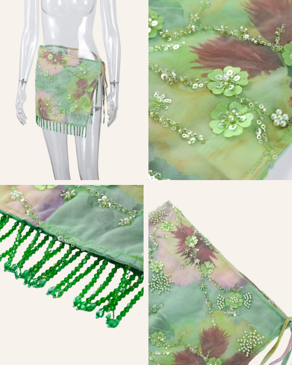 Hochwertiger Pareo mit Pailletten und Perlen Stickereien in grün - Tropischer Boho Festival Look 