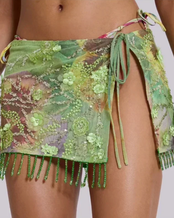 Transparenter Boho-Look Pareo Rock mit Stickerei und Perlen 
