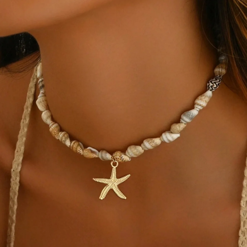 Beige Muschel Halskette Modeschmuck mit goldenem Seestern 