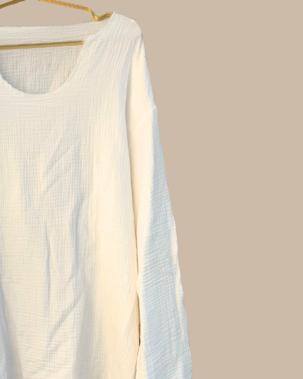 Weiss Creme Musselin Cotton Baumwolle Männer Shirt mit rundem Ausschnitt 
