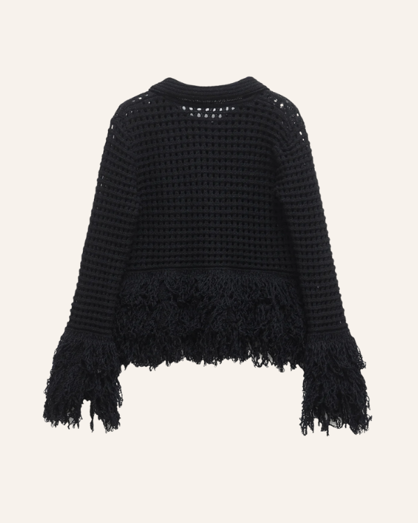 Schwarze Boho Strickjacke mit Fransen und Kragen 