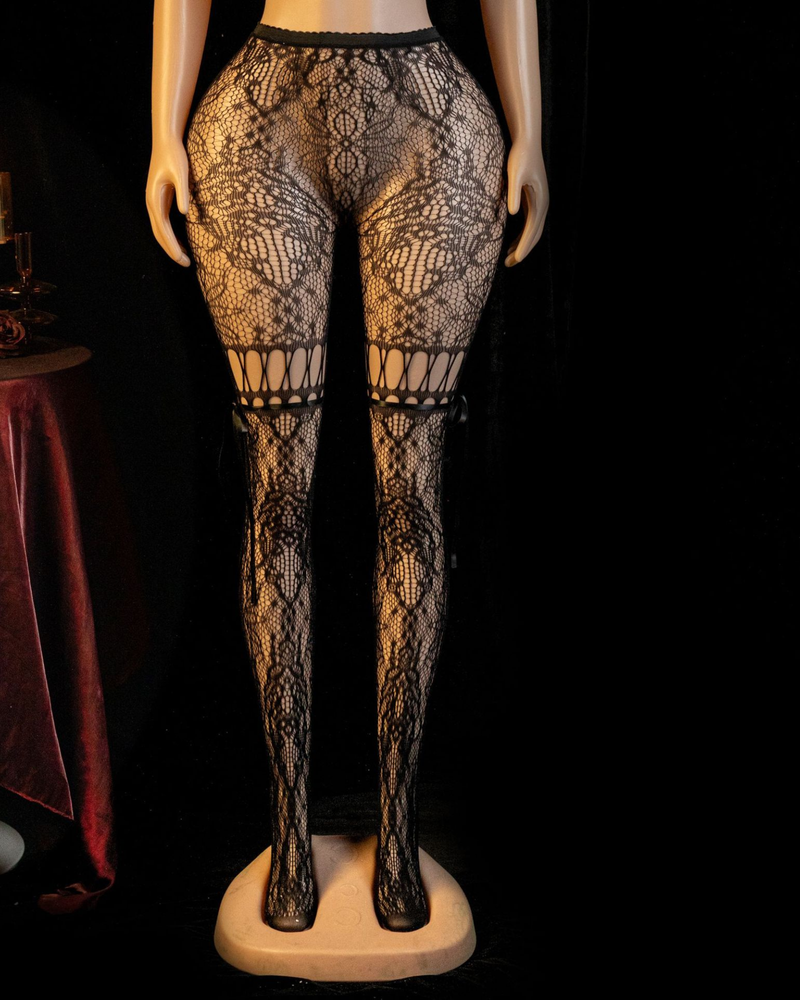Netz Nylon Strümpfe mit heissem Floral Muster und Cut-Outs