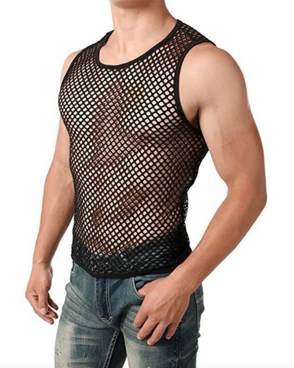 schwarzes Netz Tank Top mit Rundhals und grossen Netzloechern 