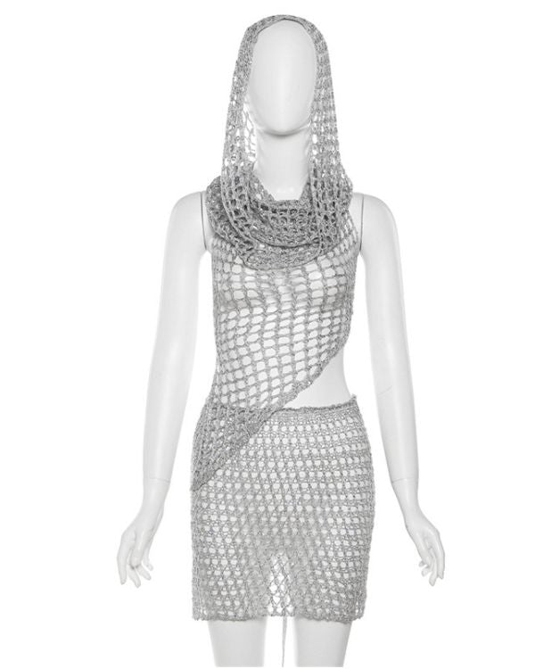 Drei Teiler Set Crochet Festival Set aus Rock, asymmetrischem Top und Hoodie 