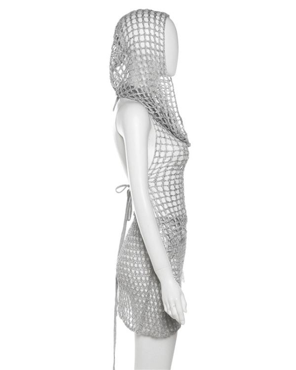 Festival Outfit in silber mit Rock, Asymmetrischem Top und Hoodie Kapuze 