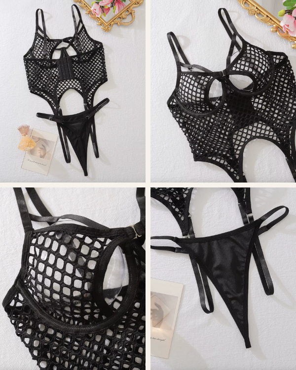 Erotischer Bodysuit für Damen in Schwarz | Netzbody mit String 