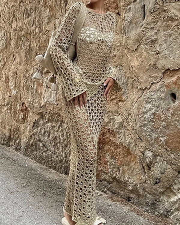 Gehäkeltes Maxikleid Strandkleid in beige-gold