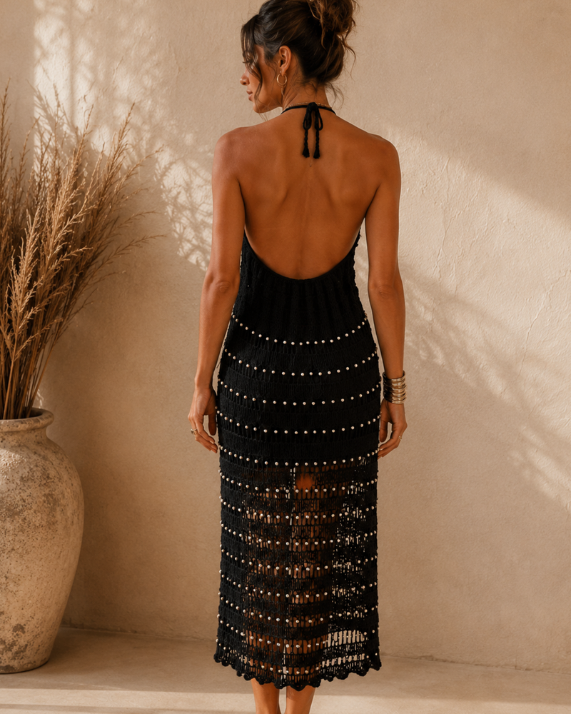 Boho Festival Maxikleid schwarz handgemacht | Schwarzes Häkel Netz Kleid 