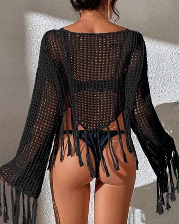 Grob Strick Netz Fransen Pullover in schwarz - perfektes Festival Outfit 