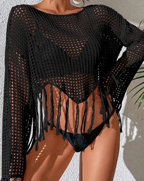 schwarzer Netzpullover mit Fransen - Crop Top langarm Netz Knitted 
