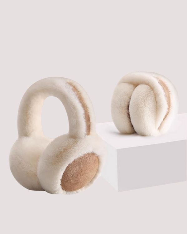 Weisse-beige Winter Ohrenschützer aus weichem und warmem Kunstfell 