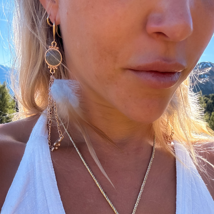 Bohemian Ohrringe mit Feder und Labradorit und Schlangen Motiv 