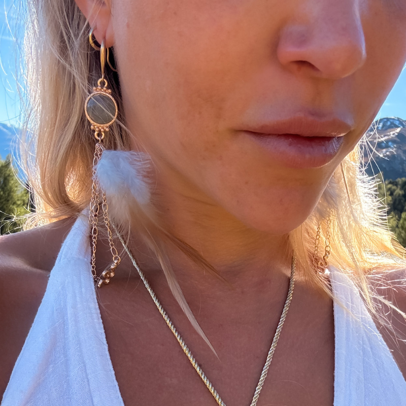 Bohemian Ohrringe mit Feder und Labradorit und Schlangen Motiv 