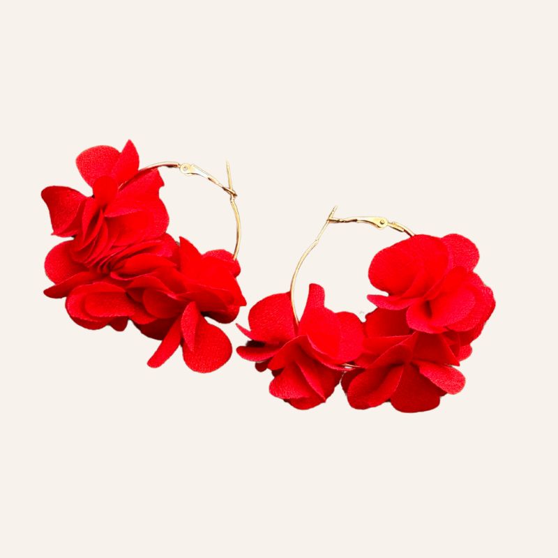 Damen Ohrringe Modeschmuck goldener Ring mit roten Blumen