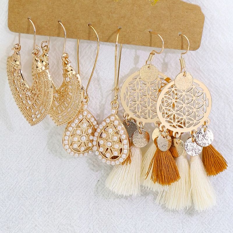 Boho Fashion Ohrringe Set aus 3 diversen Ohrringen in gold beige braun gemischt - Hippie Modeschmuck online bestellen