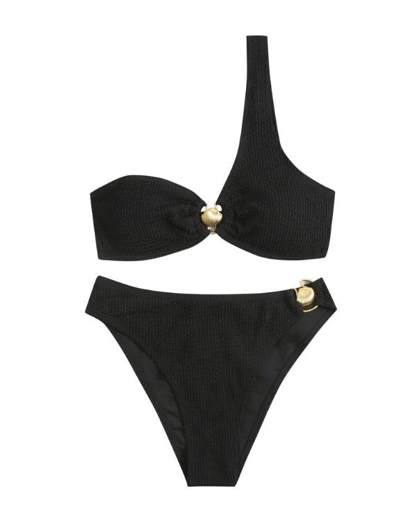 Trendiger Damen-Bikini: Schwarzes Set mit strukturiertem Trendstoff