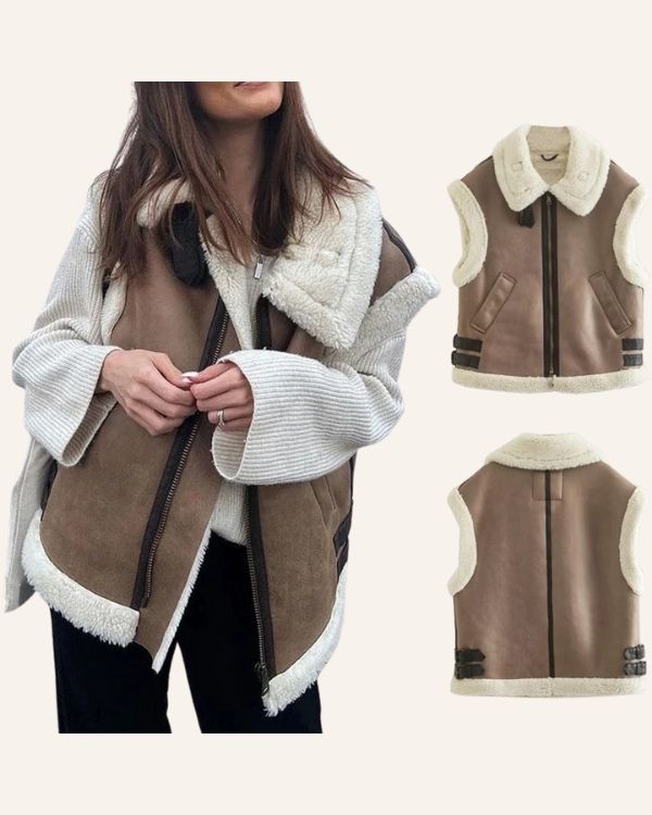 Oversize Gilet Weste in braun aus Kunstleder mit Schnallen auf den Seiten und Plüsch Kragen