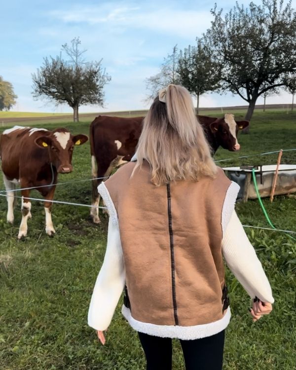 Oversize Kunstleder Gilet Weste mit warmem Plüsch und Kragen 
