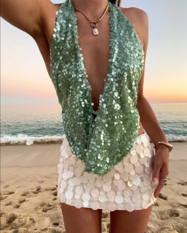 Festival Party Neckholder Pailletten Top mit tiefem Ausschnitt 
