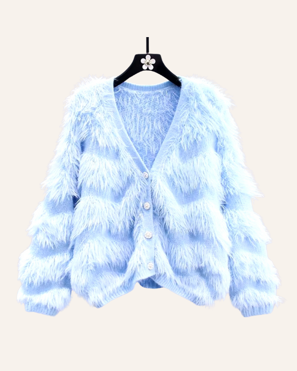 Hochwertige hellblaue Chice Damen Strickjacke mit Fluffy Fransen und Glitzer Knöpfen 