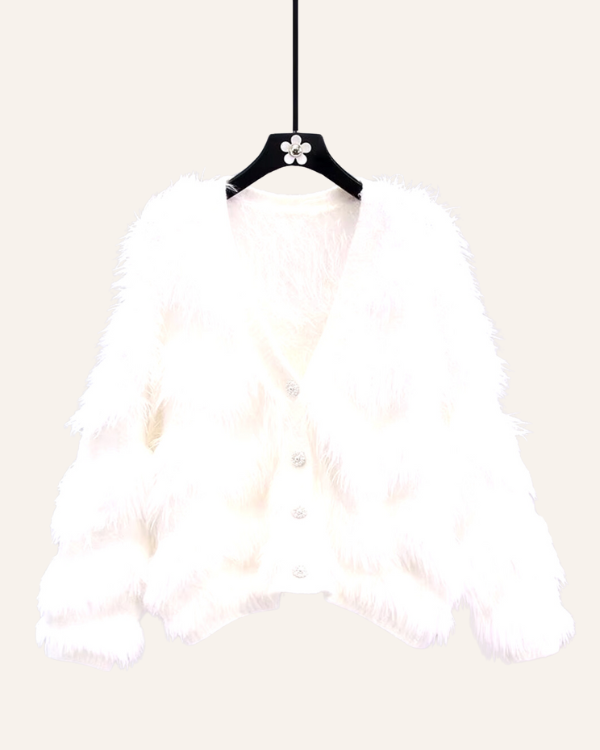 Weisse Hochwertige Damen Damen mit Glitzer Knöpfen und Fluffy Effekt 